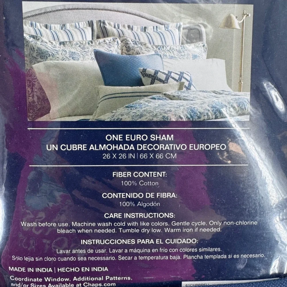 Chaps Beauport Euro Sham Set of 2 Indigo Blue Cream Ticking‎ Stripe 26x26 Cotton